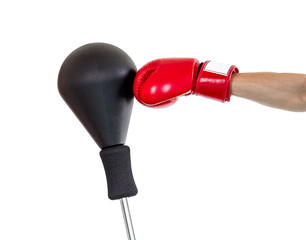 hand with glove punch a punching ball on white background
