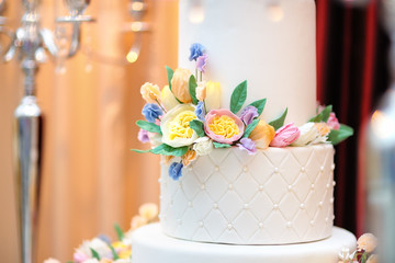 Close up photo of delicious white wedding or birthday cake