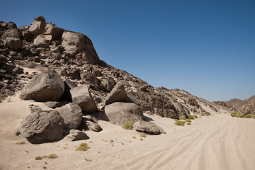Fototapeta na wymiar Tire Track On Desert