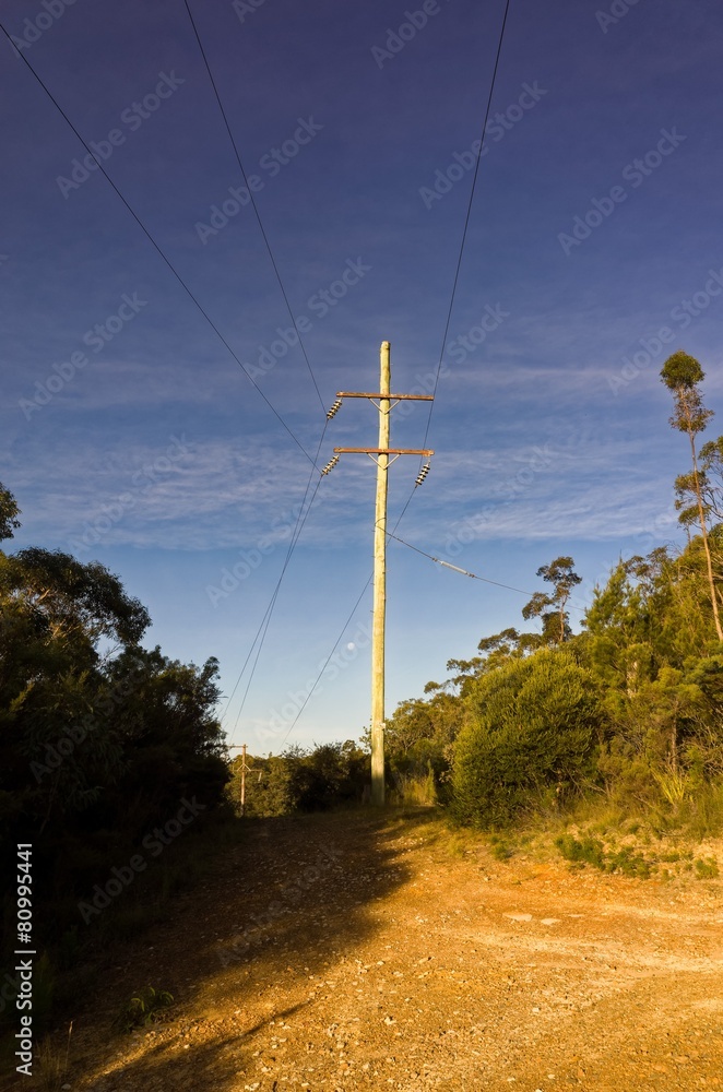 Wall mural Moon Shining Through Electric Poles on Sunny Day