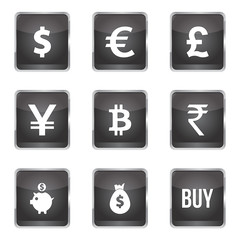 Currency Sign Square Vector Black Button Icon Design Set