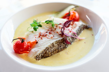 Chilean seabass fillet in plate