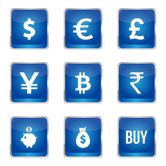 Currency Sign Square Vector Blue Icon Design Set