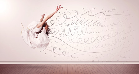 Pretty woman jumping with hand drawn lines and arrows come out