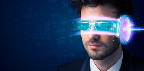 Man from future with high tech smartphone glasses