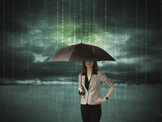 Business woman standing with umbrella data protection concept