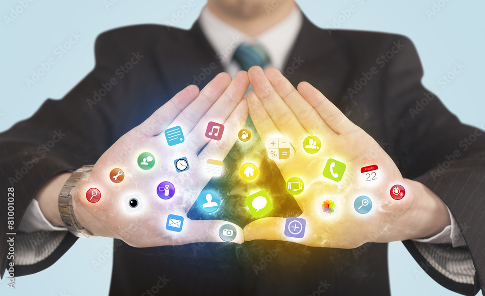 Aufkleber Hands creating a form with mobile app icons