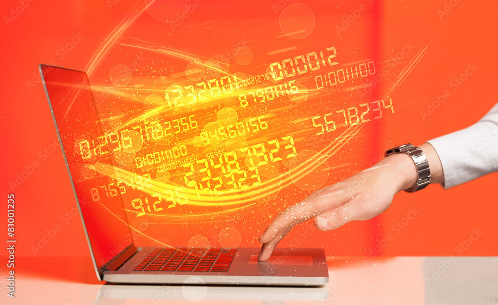 Poster man typing on modern notebook with number technology data coming