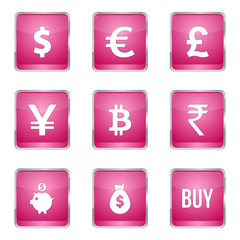 Currency Sign Square Vector Pink Icon Design Set