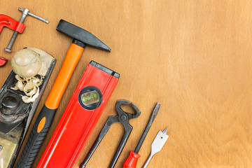 Wood background with various tools
