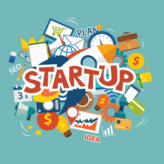 Naklejka premium startup new business project with rocket image flat design