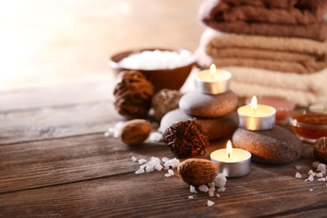 Composition of spa treatment on wooden background