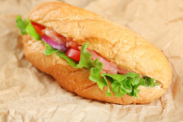 Sandwich with salmon on paper background
