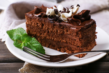 Tasty piece of chocolate cake with mint