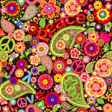 Hippie wallpaper with colorful spring flowers