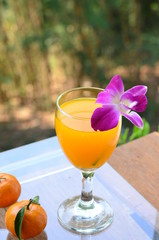 Orange juice in glass, fresh fruits on wooden background