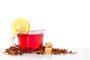 isolated transparent mug of flower tea with slice lemon