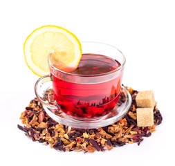 isolated transparent mug of red tea with slice lemon