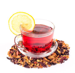 isolated transparent mug of red tea with slice lemon