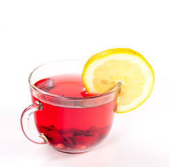 isolated transparent mug of red tea with slice lemon