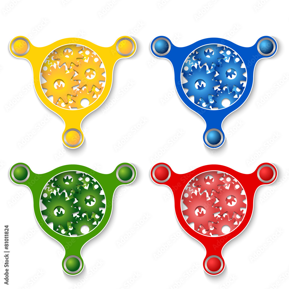 Poster four abstract vector objects and a colored cogwheels