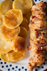 Shashlik with fried potatoes.