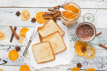 toast bread with jam on vintage wooden table