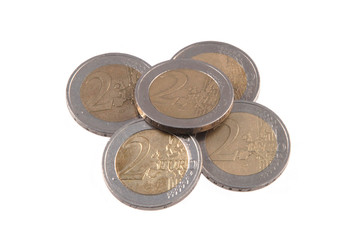 Euro coins on a plain white background.