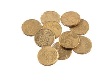 Euro coins on a plain white background.
