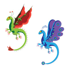 Fantastic dragons, rod and flower.