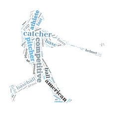 Baseball batter hits the ball, blue and gray letters on white