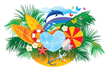 Fototapeta na wymiar summer background with palms, shells, surfboards, rainbow and do