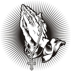 Praying hands with rosary and shining tattoo