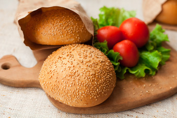 Hamburger ingredients on table