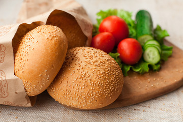 Hamburger ingredients on table