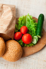 Hamburger ingredients on table