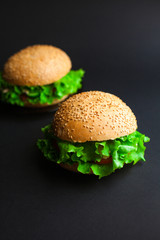 Homemade hamburger with fresh green lettuce, tomato and red onio