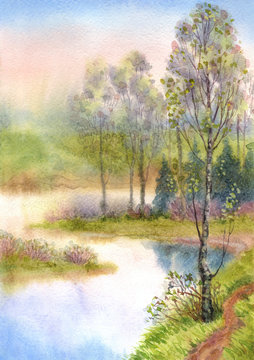 Watercolor landscape. Spring trees on a quiet lake