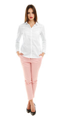 Beautiful model in white shirt and pink pats isolated on white