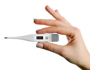 Female hand holding thermometer isolated on white