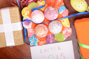 Fototapeta premium Easter setting with gift box and spring decoration