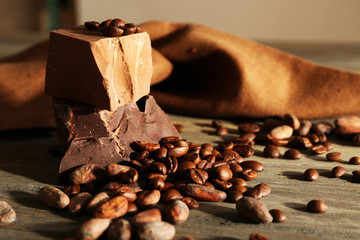 Still life with set of chocolate with coffee grains, closeup
