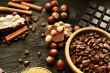 Still life with set of chocolate, nuts and spices