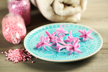 Beautiful spa composition with hyacinth flowers, close up