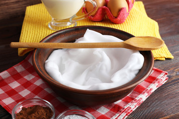 Whipped egg whites and other ingredients for cream