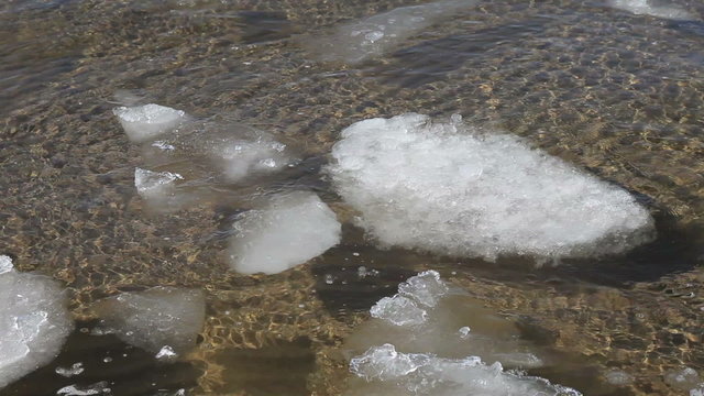 Floating of ice on the river in sunny day