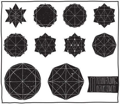 Set with filled black geometric shapes and elements with frame,