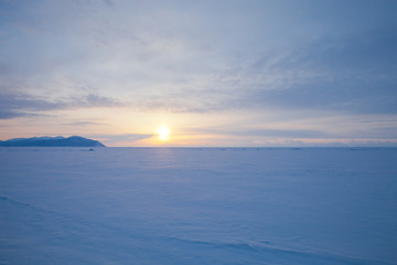Vast snowy wilderness. Lake Baikal in winter