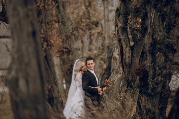 bride walking in golden autumn nature