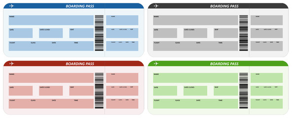 Four boarding pass tickets in different colors - obrazy, fototapety, plakaty